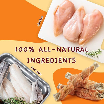Jungle Calling Dog Treats, High Protein Dog Chewy Treats Health Teeth and Coat, Chicken Wrapped Cod Skin Sticks, Rawhide-Free Cod Fish Skin Snacks for Dogs, 10.6 oz
