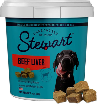 Stewart 100% Beef Liver Dog Treats, 12 oz Tub, ~270 Pieces, Freeze Dried Raw, Single Ingredient, 50% Protein Training Treats or Meal Topper, Grain Free, Gluten Free