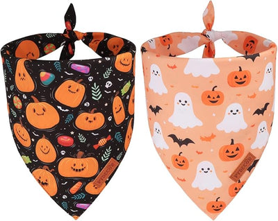 PTDECOR Halloween Dog Bandana, Pumpkin Ghost Design Reversible Holiday Pet Scarf, Black Yellow Halloween Bandanas for Small Dogs Puppies Cats(Small)