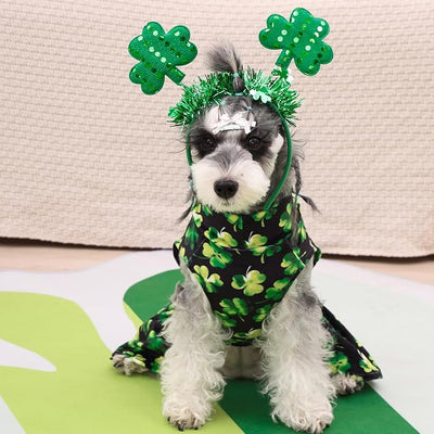 CuteBone Turtleneck Dog Velvet Dress St. Patrick's Day Four Leaf Clover Puppy Skirt Costume Pet Clothes Cat Apparel with Bow Hair Rope for Small Dogs CVD20S