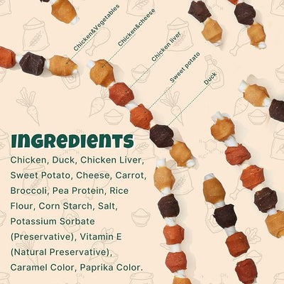 M-PETS Dog Treats, 5 Flavor Dogs Kabob Snacks Long Lasting Chews, Made with Real Chicken and Duck Jerky Meat 18pcs Rawhide Sticks