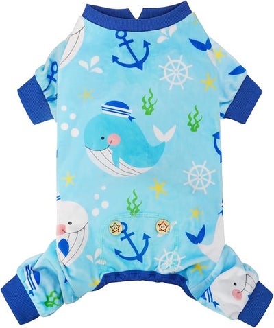 KYEESE Dog Pajamas Soft Dogs Clothes Pet Coat Velvet Dog Pajamas Small Sized Dogs Comfy Doggie Jammies Onesie Stretchy Doggie Pjs Pet Costume with Whale Pattern, Small