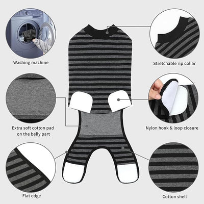 2 Packs Breathable Cotton Dog Recovery Suit for After Neuter Spay Abdominal Wounds Protector, Professional Anti-Licking Onesies for Male Female Pets Surgery Bandages, M Striped Black Grey