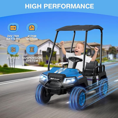 LIGIANT 24V Ride on Car for Big Kids, 4-Seaters Kids Golf Cart, Max. Capacity: 264 Lbs(4 Kids), 4WD Kid's Car w/Remote Control, Detachable Awning, Spring Suspension, Music/Story/Power Display