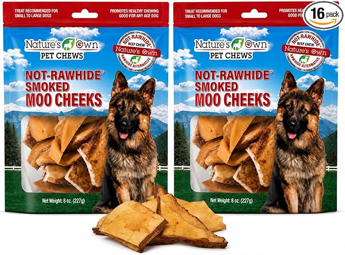 Nature's Own Not-Rawhide Moo Cheeks Dog Chews 8 oz | Made in USA | Natural Digestible Smoked Beef Cheek Treats for Aggressive Chewers Long Lasting Dental Chips (Pack of 2)