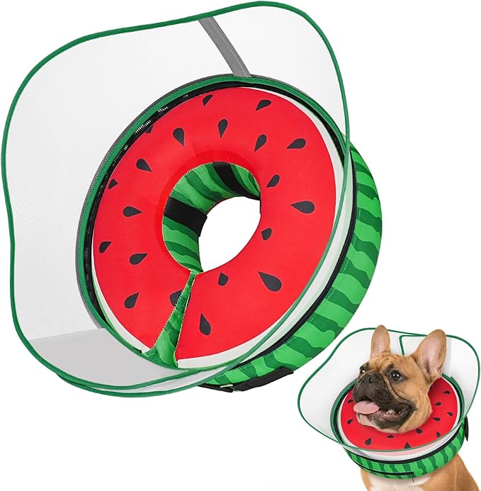 Supet Raised Inflatable Dog Cone After Surgery - Adjustable Recovery Donut Collar with Removable Shield to Stop Licking Wounds & Protect Stitches - Soft Dog Cone Alternative for Dogs (Watermelon,M)