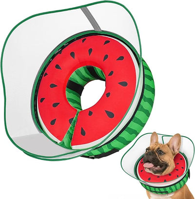 Supet Raised Inflatable Dog Cone After Surgery - Adjustable Recovery Donut Collar with Removable Shield to Stop Licking Wounds & Protect Stitches - Soft Dog Cone Alternative for Dogs (Watermelon,S)