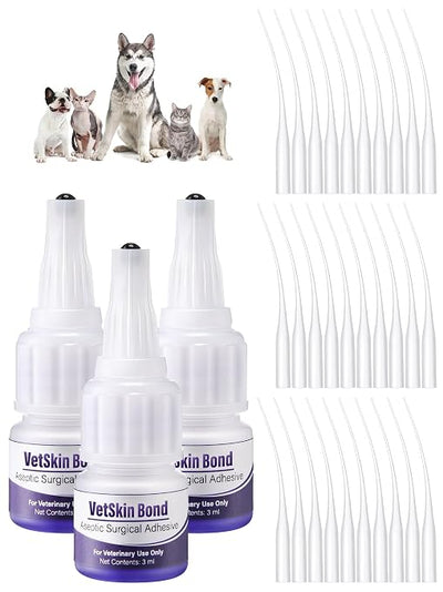 3 Pack 3ml Veterinary Surgical Skin Glue with 10 Applicators, Strong Surgical Adhesive, Blue-Tinted Fast-Acting Tissue Wound Glue, Up to 30 Applications, Ideal for Multi-Pet Households