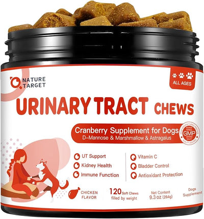 NATURE TARGET Dog UTI Treatment, Cranberry Supplement for Dogs – Urinary Tract & Bladder Support with D-Mannose, Marshmallow, Astragalus – Vet Formulated Immune & Kidney Support – Chicken, 120 Chews