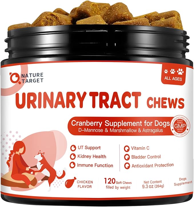 NATURE TARGET Dog UTI Treatment, Cranberry Supplement for Dogs – Urinary Tract & Bladder Support with D-Mannose, Marshmallow, Astragalus – Vet Formulated Immune & Kidney Support – Chicken, 120 Chews