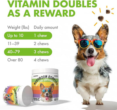 Mushroom Complex Treats for Dogs with Reishi, Shiitake, and Turkey Tail Mushrooms for Cognition and Immune Boosting Supports Digestive Health and Reduces Inflammation DHA EPA Turmeric Kelp (120pcs)