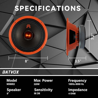 MX80E2 Loudspeaker 8 Inch Midrange 640 Watts 4 Ohms Orange Bullet, Premium Quality Audio Door Speakers for Car or Truck Stereo Sound System, Orange (2 Speakers)