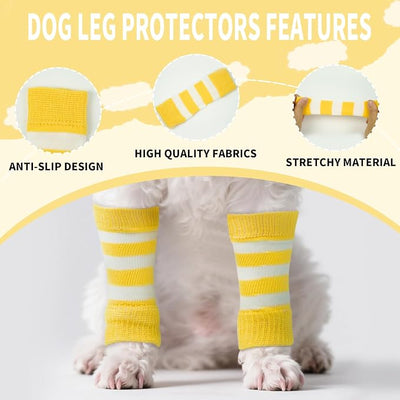 ROZKITCH Pet Dog Elbow Protector Dog Elbow Sleeve, 2PCS Front Leg and 2PCS Back Leg Knee, Elbow Wrap Leg Warmer Wrap Protector, Pet Elastic Knitted Breathable Protective YellowStripe M
