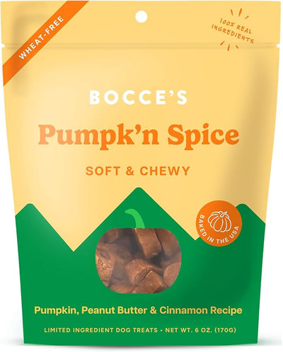 Bocce's Bakery Pumpk'n Spice Treats for Dogs, Wheat-Free Everyday Dog Treats, Made with Real Ingredients, Baked in The USA, Natural Soft & Chewy Cookies, Pumpkin, Peanut Butter, & Cinnamon, 6 oz