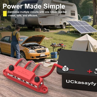 Upgraded Bus Bar 250A 12V Power Distribution Block with 3/8" (M10) 4-Posts Terminals Block with Cover for Automotive, Marine, Battery System (Red)