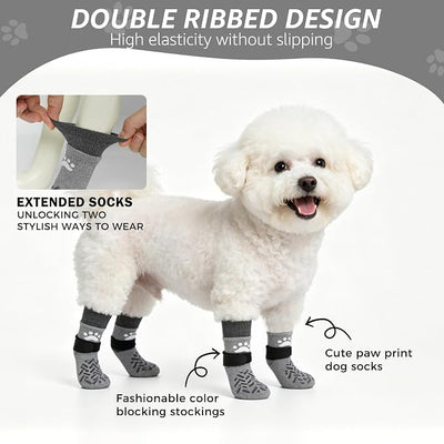 SCENEREAL Anti Slip Dog Socks to Prevent Licking Paws for Hot/Cold Pavement, Paw Protector Traction Control on Hardwood Floor, Dog Shoes Booties for Puppy Small Medium Large Senior Dogs, Grey XS