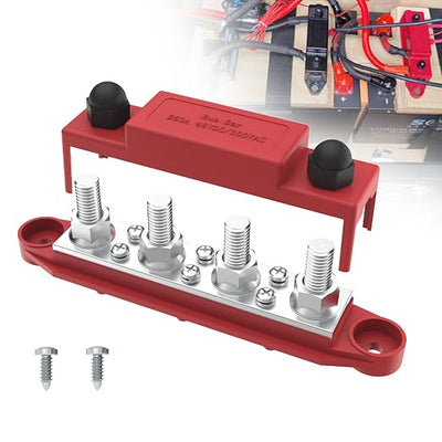 Upgraded Bus Bar 250A 12V Power Distribution Block with 3/8" (M10) 4-Posts Terminals Block with Cover for Automotive, Marine, Battery System (Red)