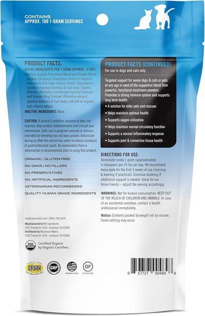 Om Mushroom Matrix Pet - Canine | Maximum Recovery | USA Grown Human-Grade Organic Mushroom Powder Pet Supplement | Optimal Health & Senior Care for Dogs & Cats | 100 Grams, 3.5 oz