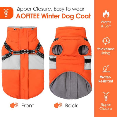 AOFITEE Dog Winter Coat, Dog Coat with Harness Built in, Dogs Jacket for Large Dogs, Reflective Waterproof Pet Puffer Jacket Snowsuit, Warm Fleece Windproof Pet Sweater for Cold Weather, XL