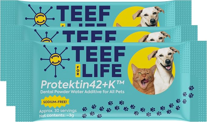 TEEF for Life Protektin42K Prebiotic Pet Dental Powder Refill - 3 Packets | 90 Servings, 3-Ingredient Tasteless Natural Water Additive for Dogs & Cats, For Teeth Cleaning, Bad Breath, Tartar & Plaque