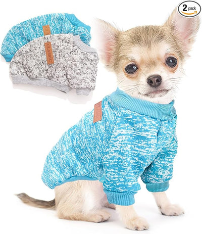 2 Pieces Dog Sweaters for Small Dogs Fall Clothes Female Winter Fleece Sweaters Warm Thick Pet Outfit Coat Small Dog Sweater for Girl Boy Dogs, Yorkie, Chihuahua, Pug, Cat, Pug,S,Blue,Grey