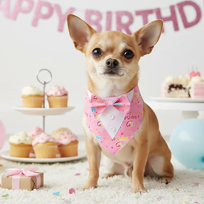 ADOGGYGO Birthday Girl Dog Tuxedo Bandana, Pink Collar with Bow Tie, Adjustable Formal Birthday Costume for Extra Small Dogs (XS)