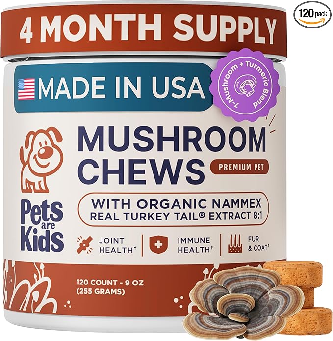 Pets are Kids Turkey Tail Mushroom for Dogs with Organic Real Turkey Tail™ - 8:1 Extract Mushroom Chews for Immune System Health, Gut, Skin & Joint Support - Reishi, Lion's Mane - 120 Chews