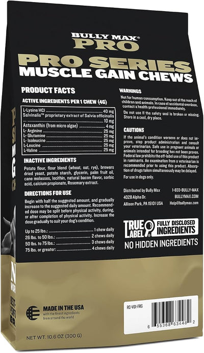 Bully Max 11-in-1 Dog Muscle Builder Power Chews - High Protein Muscle Gain Supplement with Amino Acids - Vet-Recommended for Puppy & Adult Canines, All Breeds & Ages - Made in USA - 75 Soft Chews