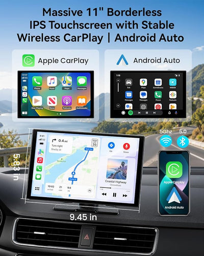 11'' Wireless CarPlay & Android Auto Screen for Car, Full Laminated HD Touchscreen, 4K Dash Cam, 1080P Rear Camera, 5GHz WiFi, Bluetooth 5.0, FM/AUX, Phone Mirroring, Voice Control, 64GB Card Included