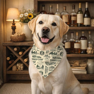 Camping Dog Bandana, Adventure Outdoor Woodland Camp Green Dog Scarf, Summer Camp Pet Accessories Bandana, Adjustable Triangle Pet Scarf for Small Medium Dogs