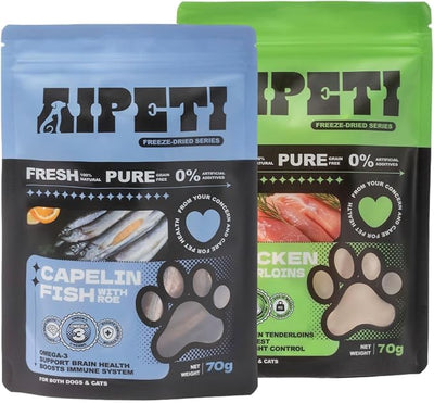 Freeze Dried Capelin Fish and Chicken Tenderloin Treats for Cats & Dogs, Rich in Omega-3 for Skin & Coat, Single Ingredient Snacks, Grain Free, 2-Pack