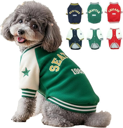 Medium Dog Varsity Fleece Jackets for Winter, Stylish Pet Coat for Boy and Girl Puppies, Thick Heavyweight Doggy Clothing, Male and Female Pet Sport Clothes, Green Pup Top Coats, M