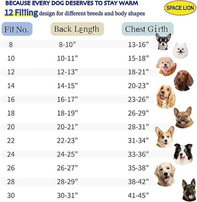 SPACE LION Dog Puffer Jacket, Down Winter Coat, Durable Outdoor Coat for Cold and Windy Conditions, Lightweight & Adjustable Fit Coats for Small & Medium Dogs, (Black, Size12/M)