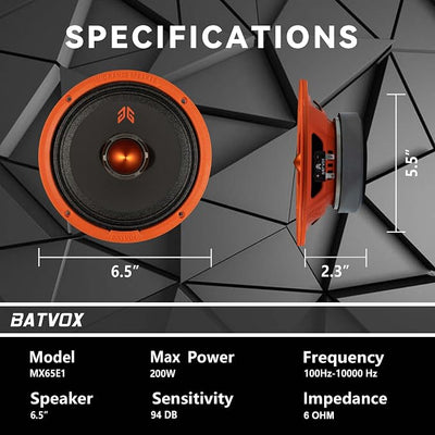 MX65E1 Loudspeaker 6.5 Inch Midrange 400 Watts 6 Ohms Orange Bullet, Premium Quality Audio Door Speakers for Car or Truck Stereo Sound System, Orange (2 Speakers)