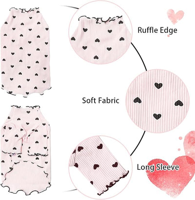 Pet Clothes for Small Dogs Cat Summer Fall Heart Print Shirt Stretchable Ruffle Long Sleeve Outfits for Chihuahua Schnauzer Shih Tzu Yorkie (Pink, Small)