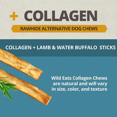 Wild Eats Lamb and Water Buffalo Collagen Sticks for Dogs (25 Pack, 0.6 cm Wide) Long Lasting Dog Chews No Hide Dog Treat Bully Stick Alternative, Rawhide Free, Grain Free, High Protein