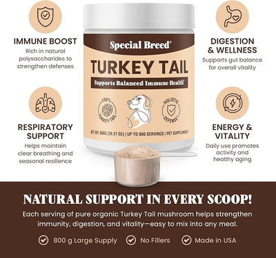Organic Turkey Tail Mushroom for Dogs and Cats, Immune Support with Beta Glucans and Polysaccharides, Digestive and Respiratory Health, Pure Mushroom Powder, No Fillers, 800 ct