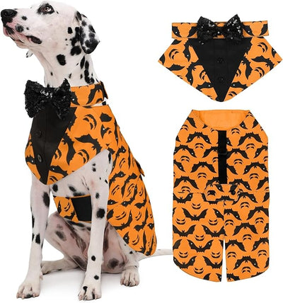 Kuoser Dog Tuxedo Suit and Bandana Set, Bat Pumpkin Print Dogs Halloween Outfit Adjustable Dog Halloween Costume with Bow Tie for Large Medium Small Dogs Golden Retriever Samo Bulldogs, Orange L