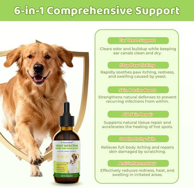 Natural Yeast Relief Drops for Dogs & Cats – 2 fl oz Herbal Ear & Skin Support for Itching, Paw Licking, Hot Spots & Odor Control – Apple Cider Vinegar & Goldenseal – Chicken Flavor Liquid Drops