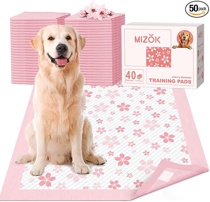 MIZOK Puppy Pads 22x22in Pee Pads for Dogs with Cherry Blossom Pattern 6 Layer Super Absorbent for Up to 4 Cups Dog Pee Pads Leak-Proof Dog Pads for Small Dogs, Puppies, Doggie (28x34in | 40Ct-Pink)