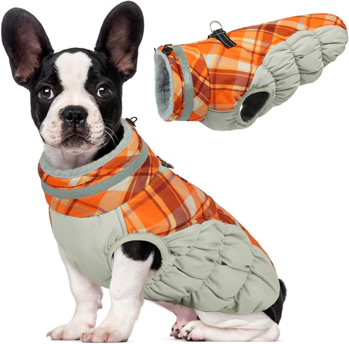 Lelepet Warm Dog Winter Coat Dog Coats for Medium Dogs Waterproof Dogs Jacket with Harness Built in Reflective Cold Weather Coats Windproof Zip-Up Winter Fleece Vest Snowsuit Dachshund Orange Plaid