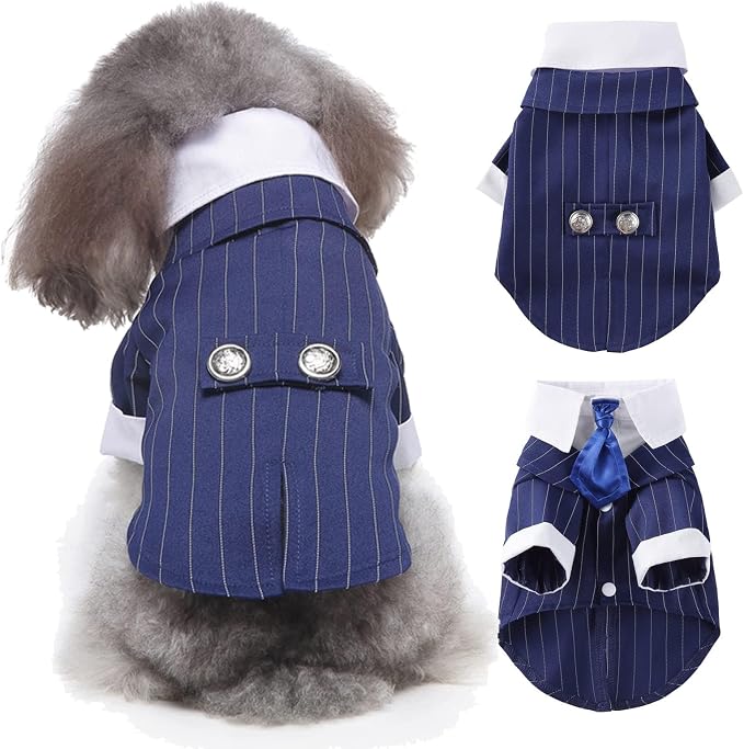 QBLEEV Dog Tuxedo Suit with Bow Tie, Formal Black & White Striped Dog Costume Outfit, Doggy Tux Prince Dress for Wedding Party Birthday Holiday, Elegant Dogs Attire for Golden Retriever Husky Border
