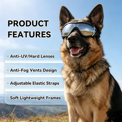 Enjoying Dog Sunglasses Medium to Large Breed, Dog Goggles UV Protection, Large Dogs Driving Eye Protection, Outdoor Windproof Dustproof Anti-Fog, Breathable, Adjustable Straps, Black