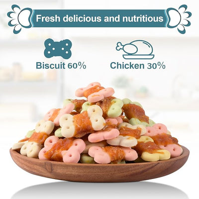 Chicken Wrapped Biscuit Dog Treats, Rawhide Free Puppy Chews, 16oz | 30% real poultry; 60% baked core; 15% protein; easily digestible bite size pieces; ideal for daily obedience rewards