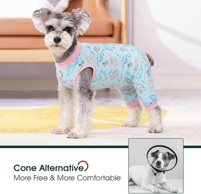 Kuoser Dog Recovery Suit with Anti Licking Rear Leg Sleeve, Dinosaur M | Abdominal Dog Surgical Suit with Pants Cover Protect Wounds, Dogs Elbow Protector Soft Pet Surgery Onesie Cone Alternative