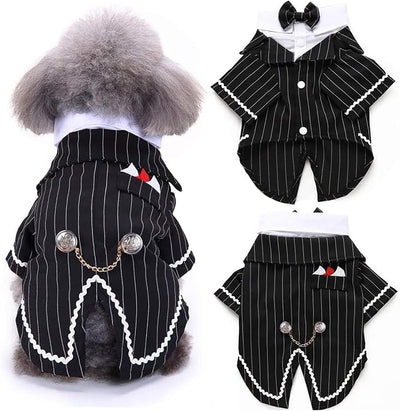 QBLEEV Dog Tuxedo Suit with Bow Tie, Formal Black & White Striped Dog Costume Outfit, Doggy Tux Prince Dress for Wedding Party Birthday Holiday, Elegant Dogs Attire for Golden Retriever Husky Border