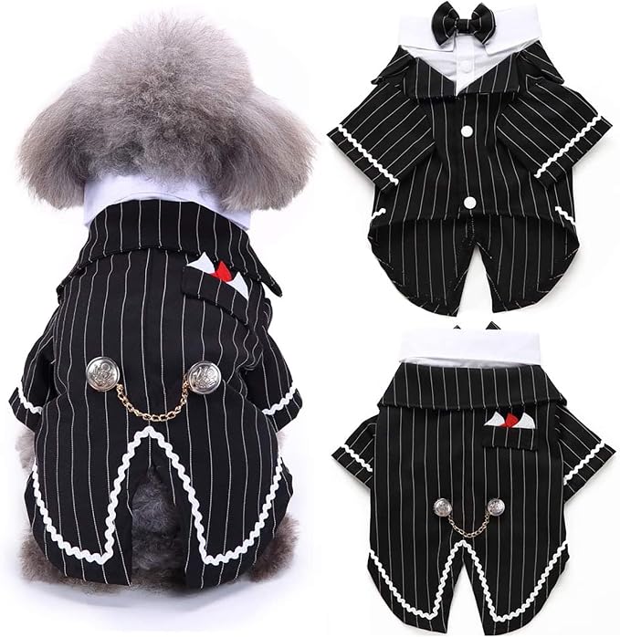 QBLEEV Dog Tuxedo Suit with Bow Tie, Formal Black & White Striped Dog Costume Outfit, Doggy Tux Prince Dress for Wedding Party Birthday Holiday, Elegant Dogs Attire for Maltese Dachshund Corgi Beagle