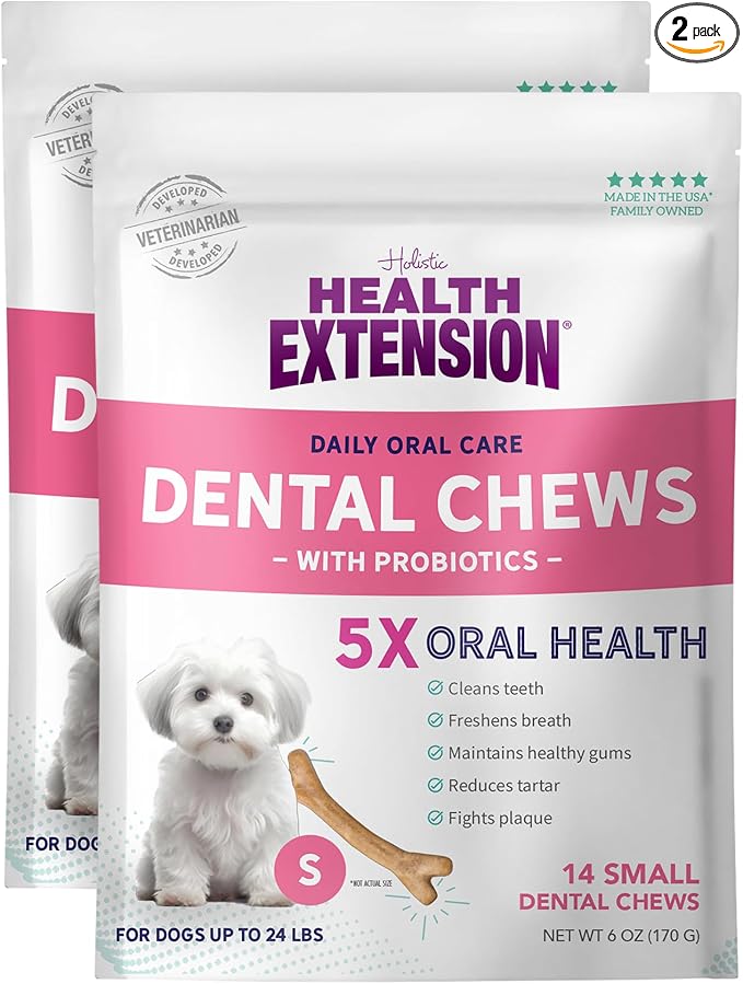 Health Extension Probiotic Dental Bones for Dogs, 14 Small Bones, Cleans Teeth, Healthy Gums, Freshens Breath, Training or Reward, 6 oz Bag (Pack of 2)