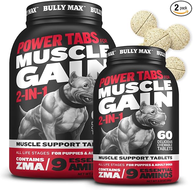 Bully Max 2-in-1 Muscle Builder Chewable Tablets for Dogs - Puppy & Dog Vitamins, Supplements for Muscle Gain & Growth - Canine Multivitamins Essentials for All Breeds & Ages - 60 Tabs, 2 Bottles