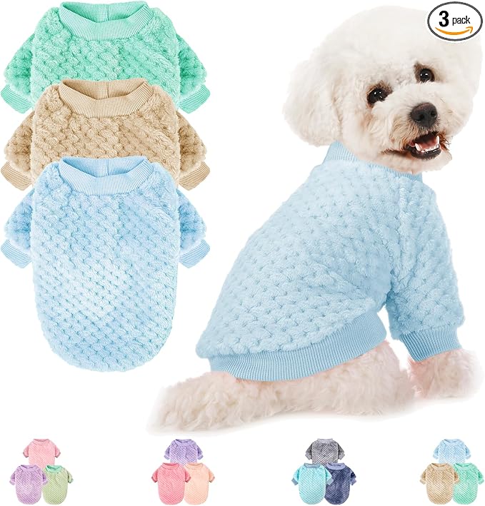 POMIU Dog Sweater, Dog Sweaters for Small Medium Dogs or Cat, Warm Soft Flannel Pet Clothes for Dogs Girl or Boy, Dog Shirt Coat Jacket (Ice Blue+Light Coffee+Teal, XX-Large)